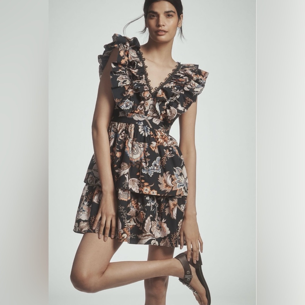 Anthropologie Floral Ruffle Navy Blue Dress